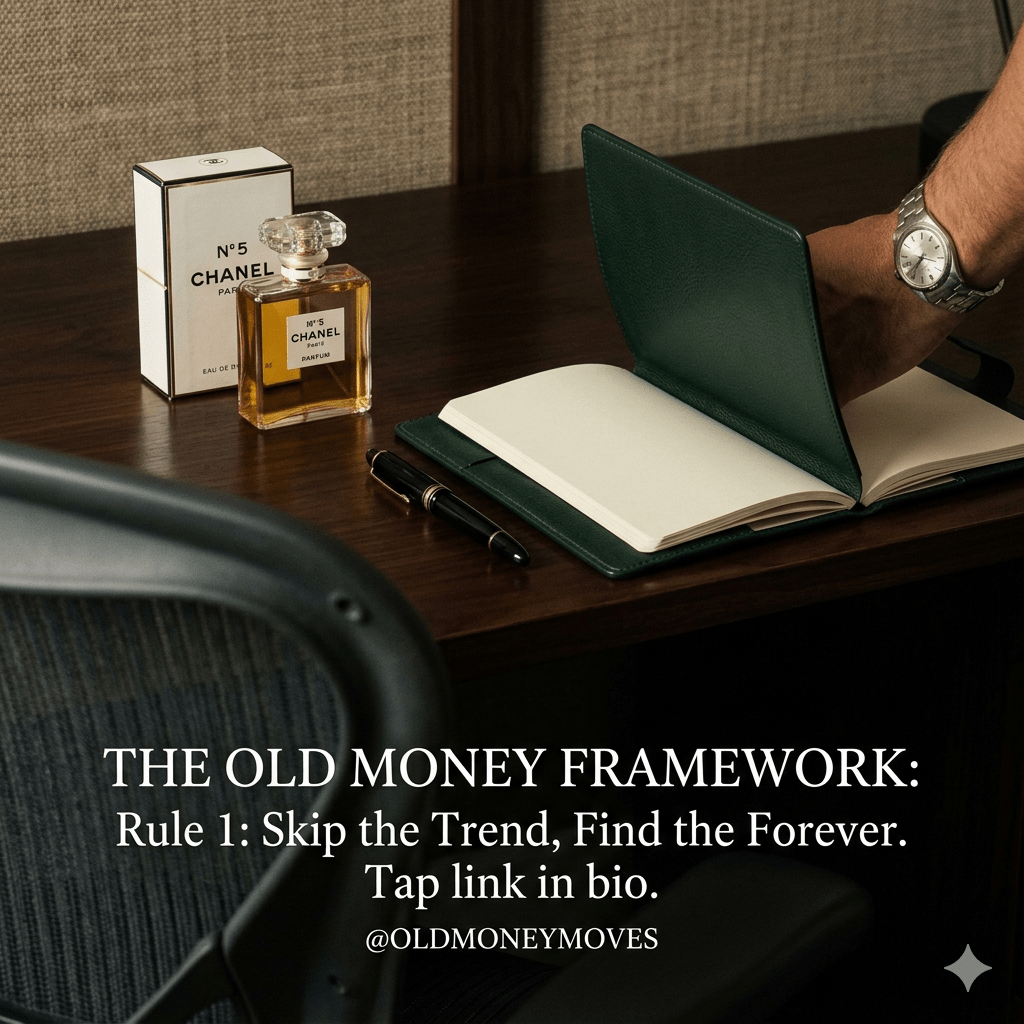 An elegant dark wood executive desk featuring a classic Chanel fragrance bottle, a luxury fountain pen, and a premium green leather notebook being opened by a person wearing a timeless silver steel watch.